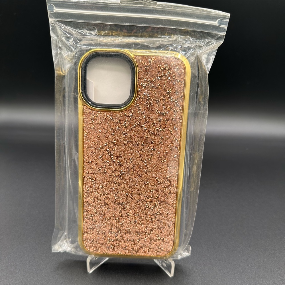 iPhone 14 6.1 gold glittered and gold accent case. New